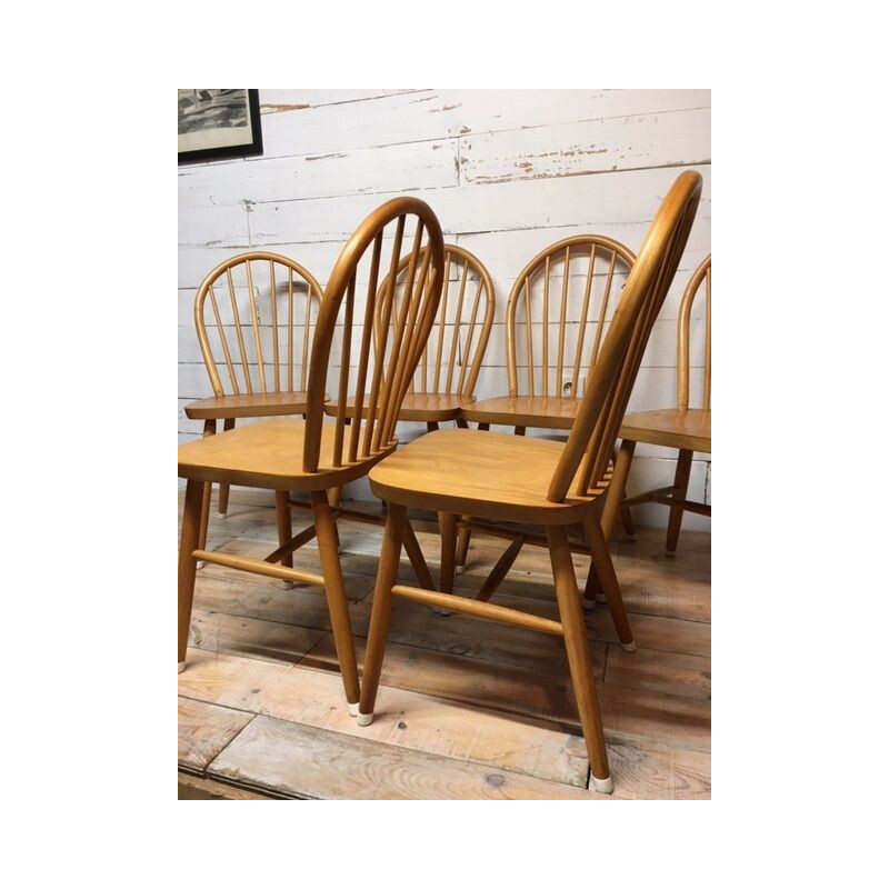 Lot de 6 chaises vintage en hêtre massif