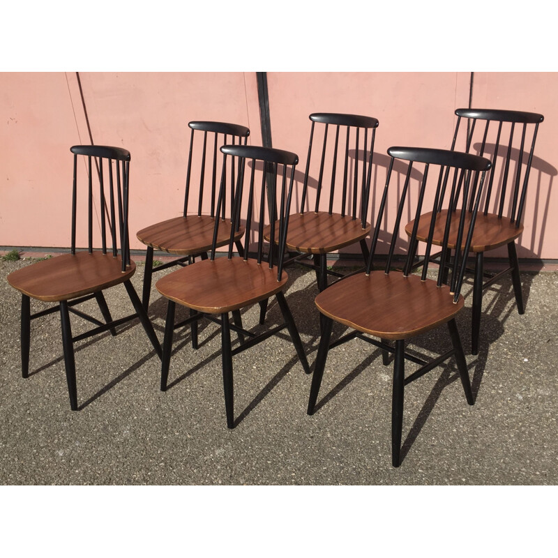 Set of 6 vintage "fanett" style bicolor chairs