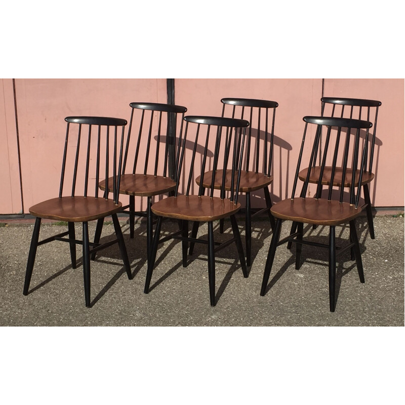 Set of 6 vintage "fanett" style bicolor chairs