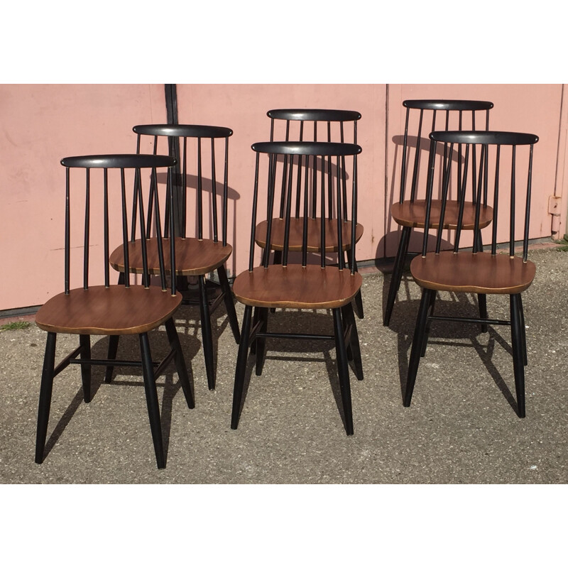 Set of 6 vintage "fanett" style bicolor chairs