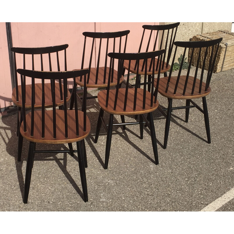 Set of 6 vintage "fanett" style bicolor chairs