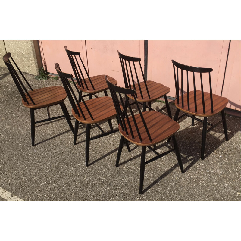 Set of 6 vintage "fanett" style bicolor chairs