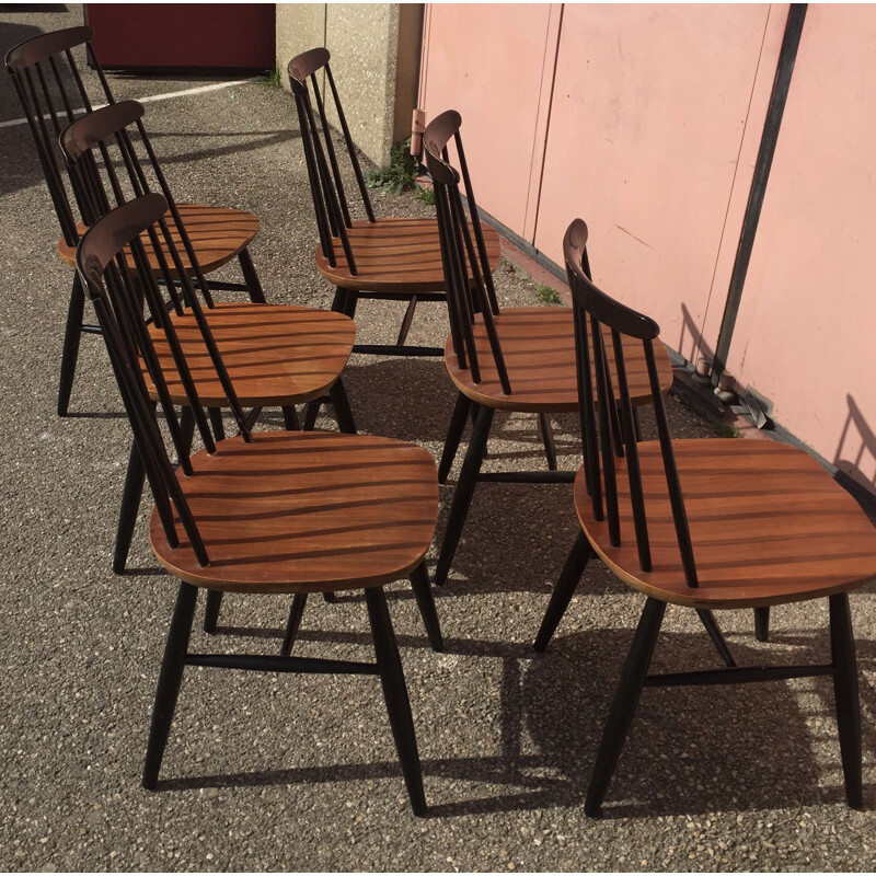 Set of 6 vintage "fanett" style bicolor chairs