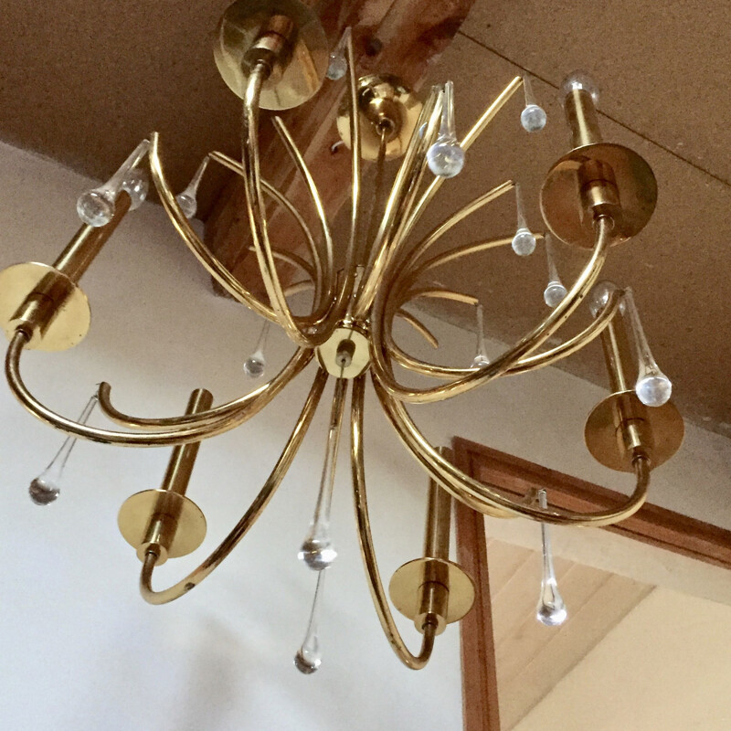 Vintage golden brass chandelier 1960s