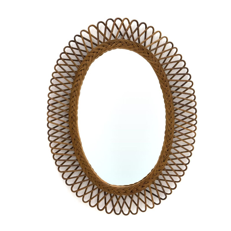 Vintage Oval mirror with woven rattan frame 1950s