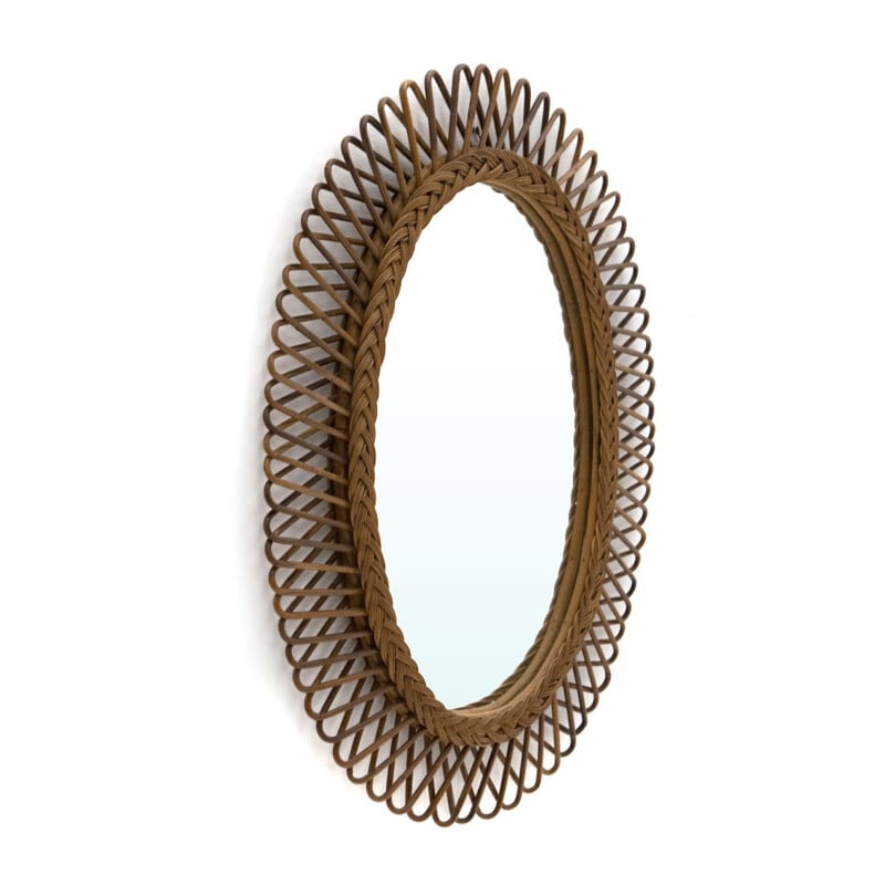 Vintage Oval mirror with woven rattan frame 1950s