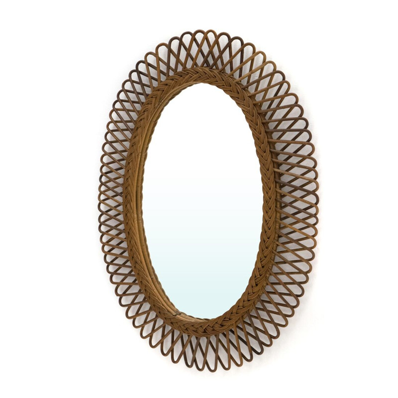 Vintage Oval mirror with woven rattan frame 1950s