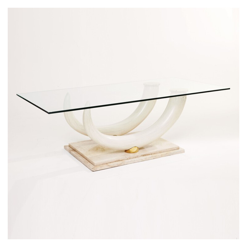 Vintage glass and travertine coffee table by Maison Jansen for Ralph Pucci, Italy 1970