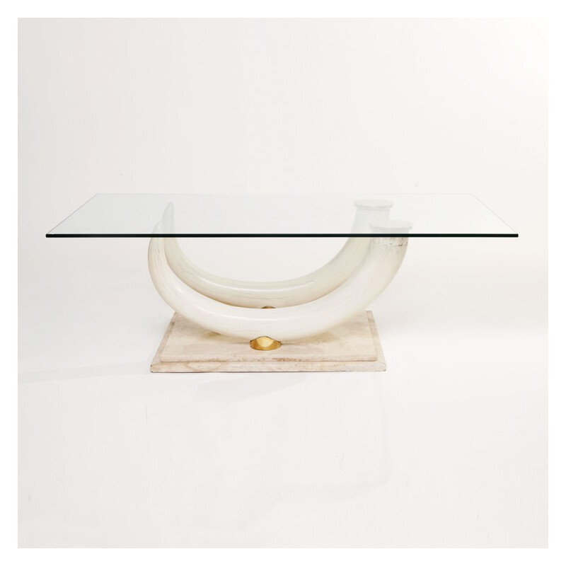 Vintage glass and travertine coffee table by Maison Jansen for Ralph Pucci, Italy 1970
