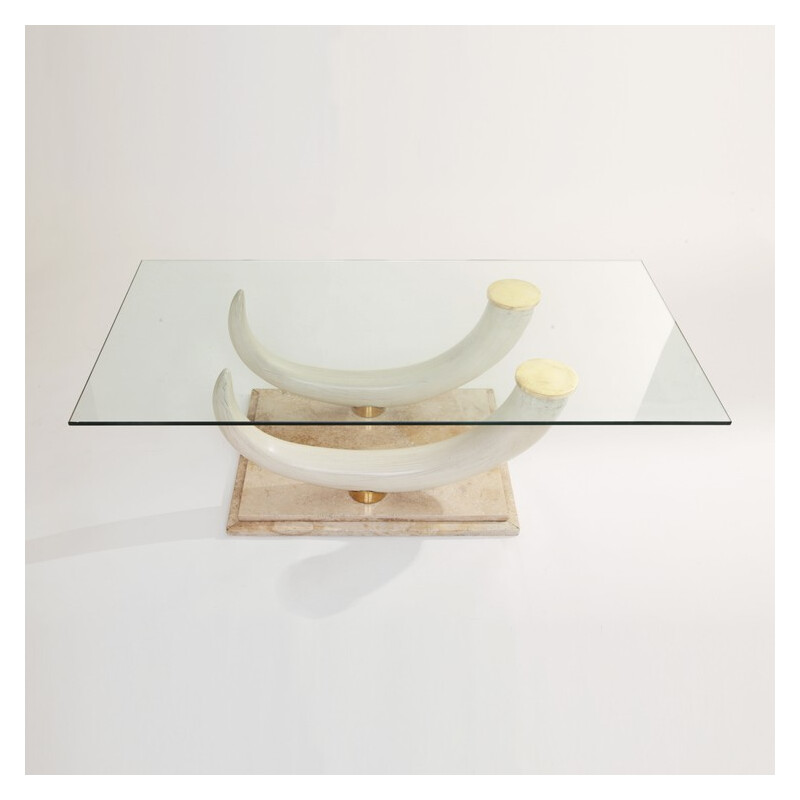 Vintage glass and travertine coffee table by Maison Jansen for Ralph Pucci, Italy 1970