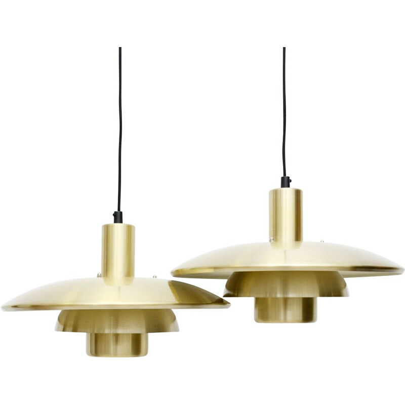 Pair of vintage golden brass pendant lamps, Danish 1970s