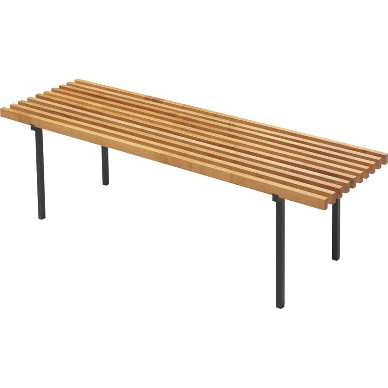 Vintage Slatted Bench in Beech and Lacquered Steel 1960s