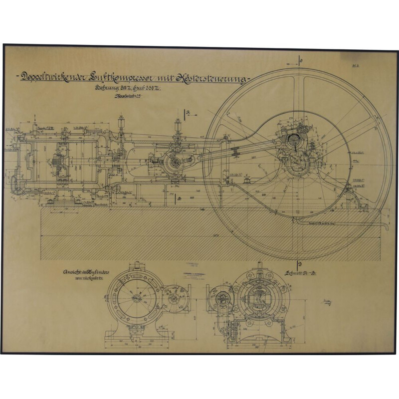 Desenho técnico original de um compressor de ar, 1925