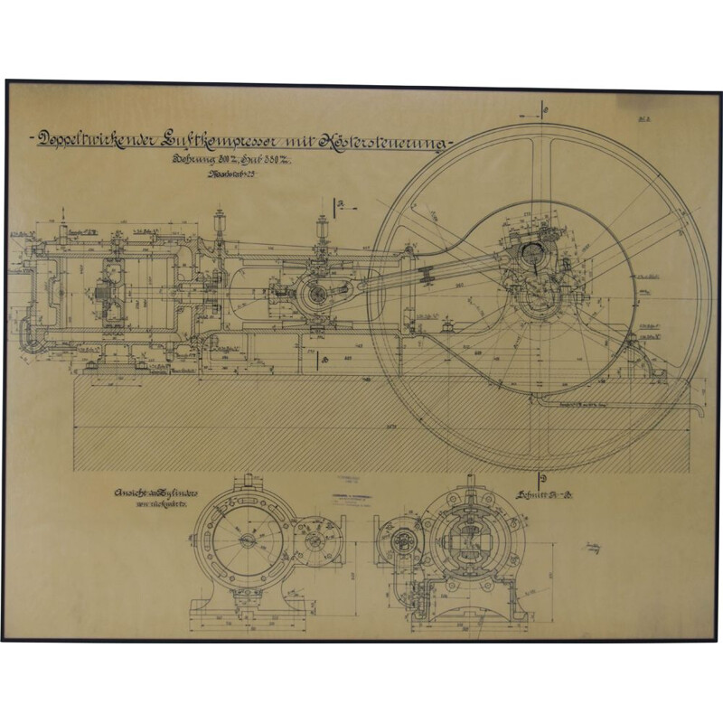 Dibujo técnico original de época de un compresor de aire, 1925