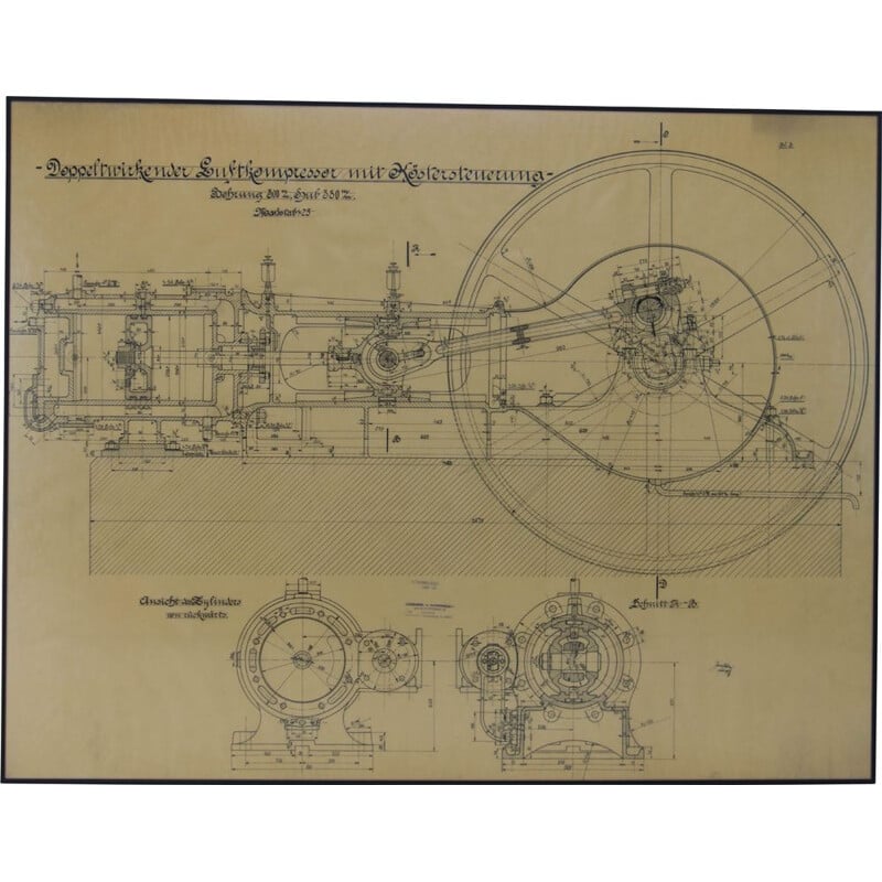 Disegno tecnico originale d'epoca di un compressore d'aria, 1925