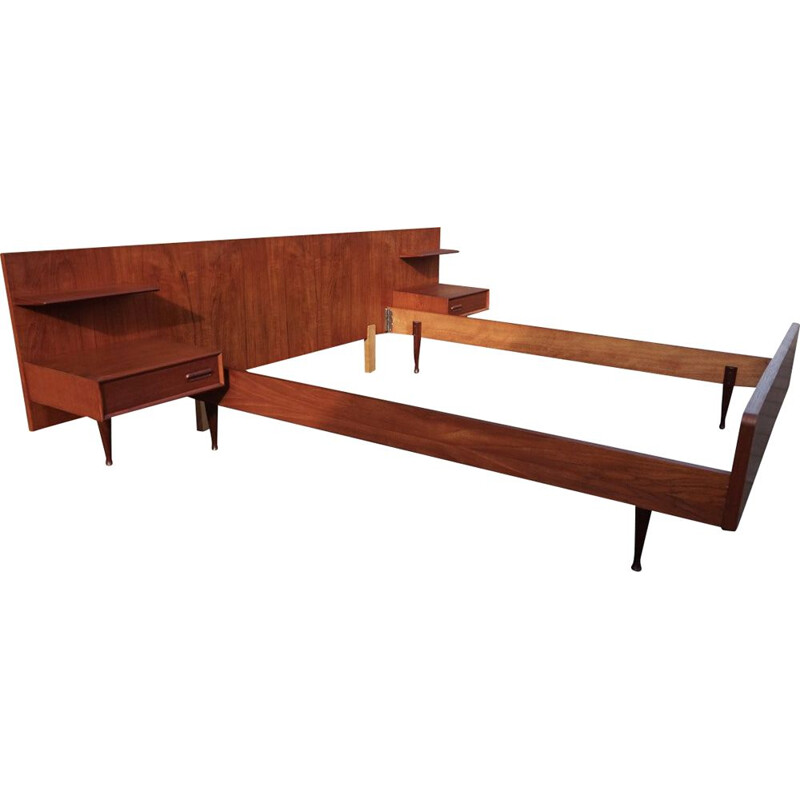 Vintage Teak Bed Frame with floating nightstands by Louis van Teeffelen for WeBé 1960s