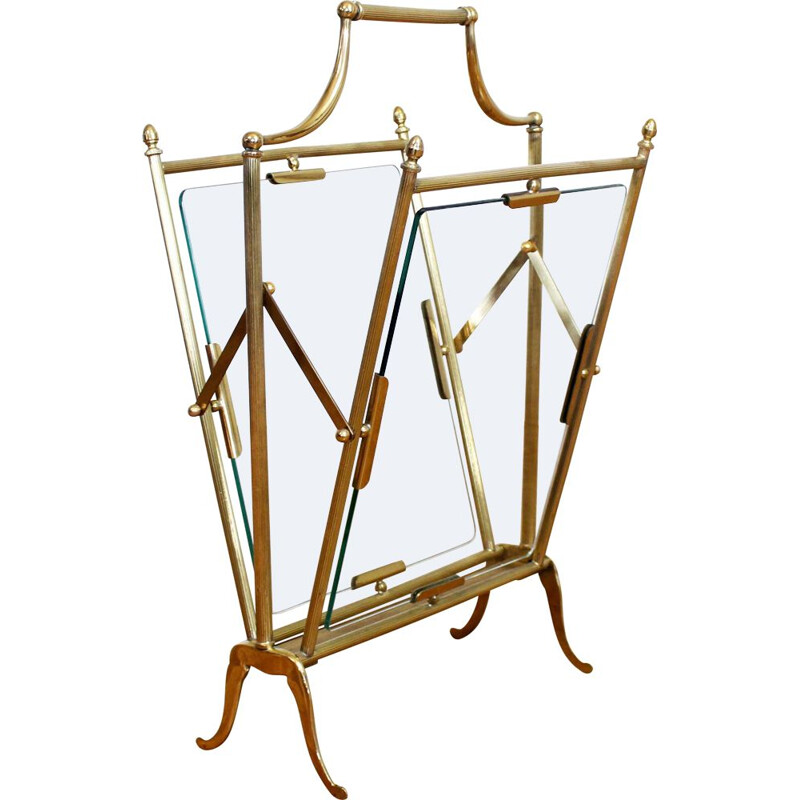 Vintage brass and glass magazine rack House Jansen, Italy 1950s