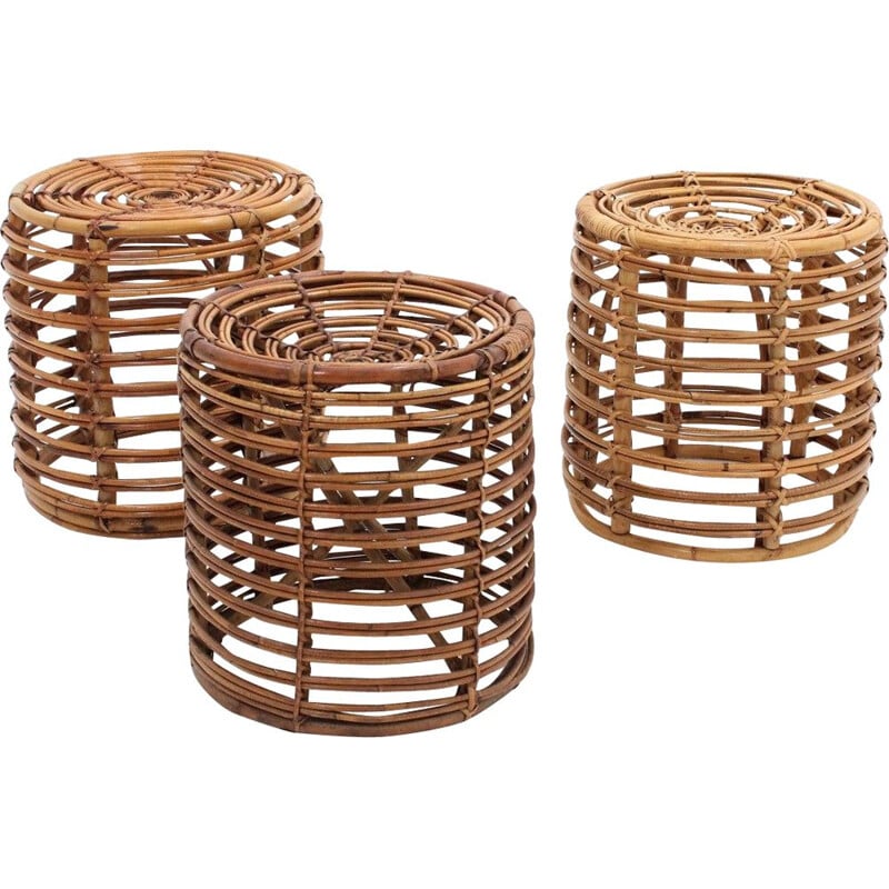 Set of 3 vintage Rattan Stools by Tito Agnoli 1960s