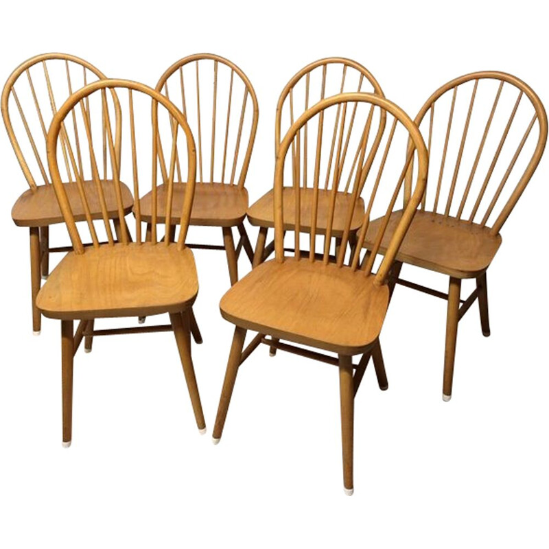 Set of 6 vintage solid beech chairs