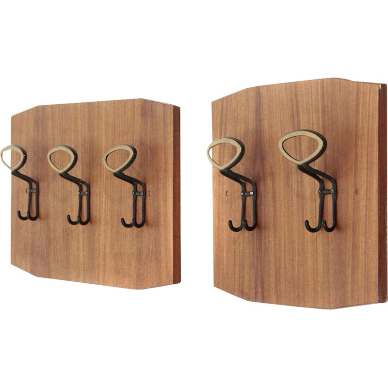 Pair of vintage wall hangers in teak and metal 1960s