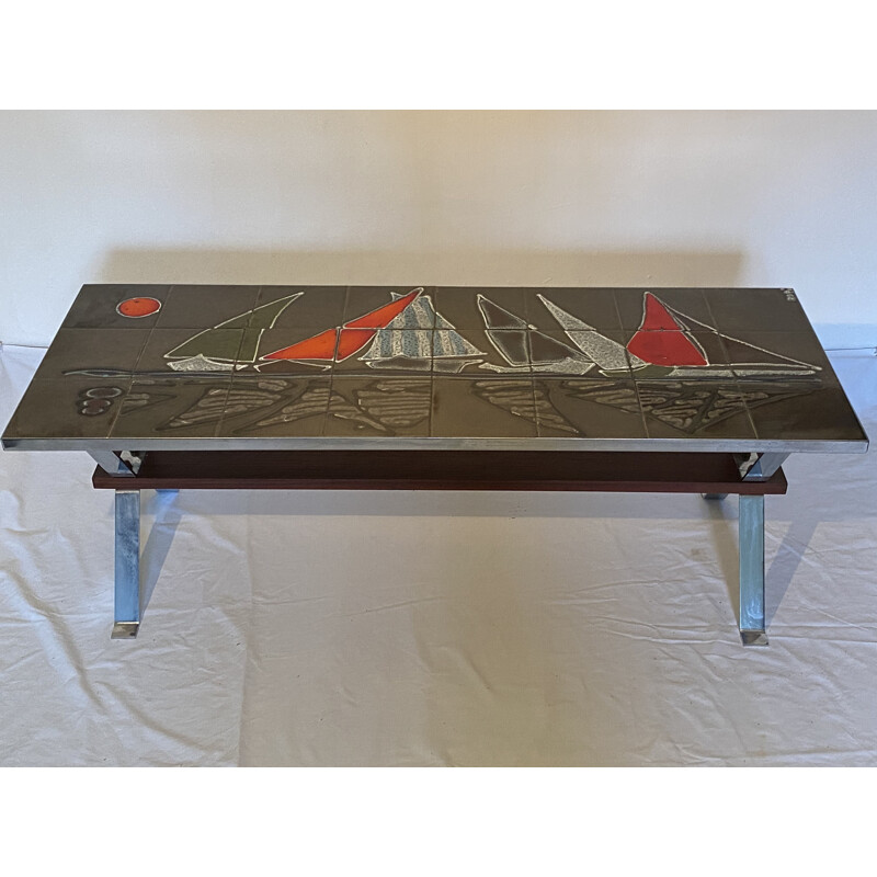 Mesa de centro vintage con azulejos decorados por "Adri", Bélgica