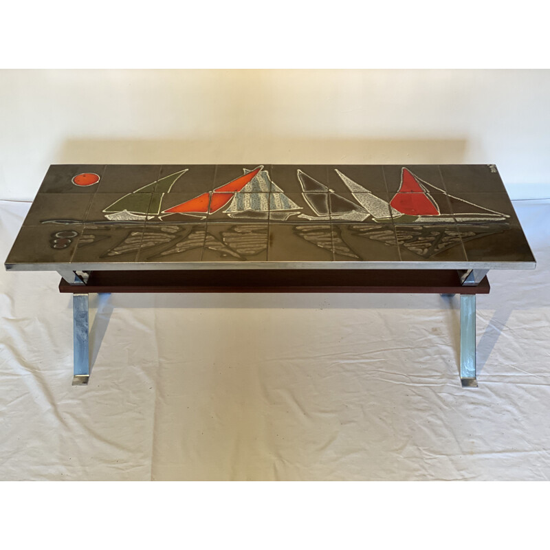 Vintage salontafel met tegels gedecoreerd door "Adri", België