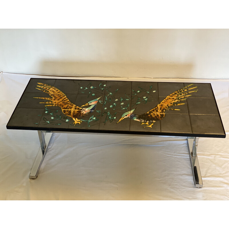 Vintage coffee table in ceramic and polished steel, Italy