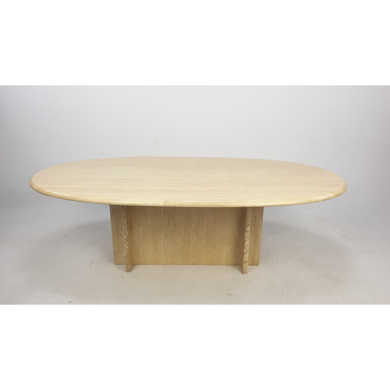 Mid-Century Oval Travertine Coffee Table, Italy 1980s