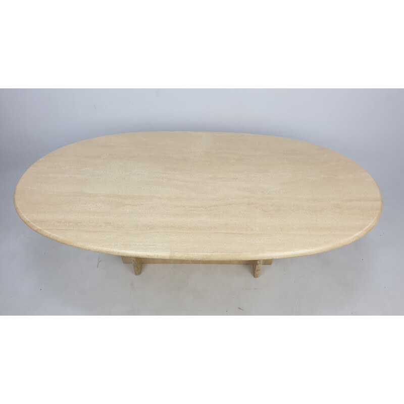 Mid-Century Oval Travertine Coffee Table, Italy 1980s