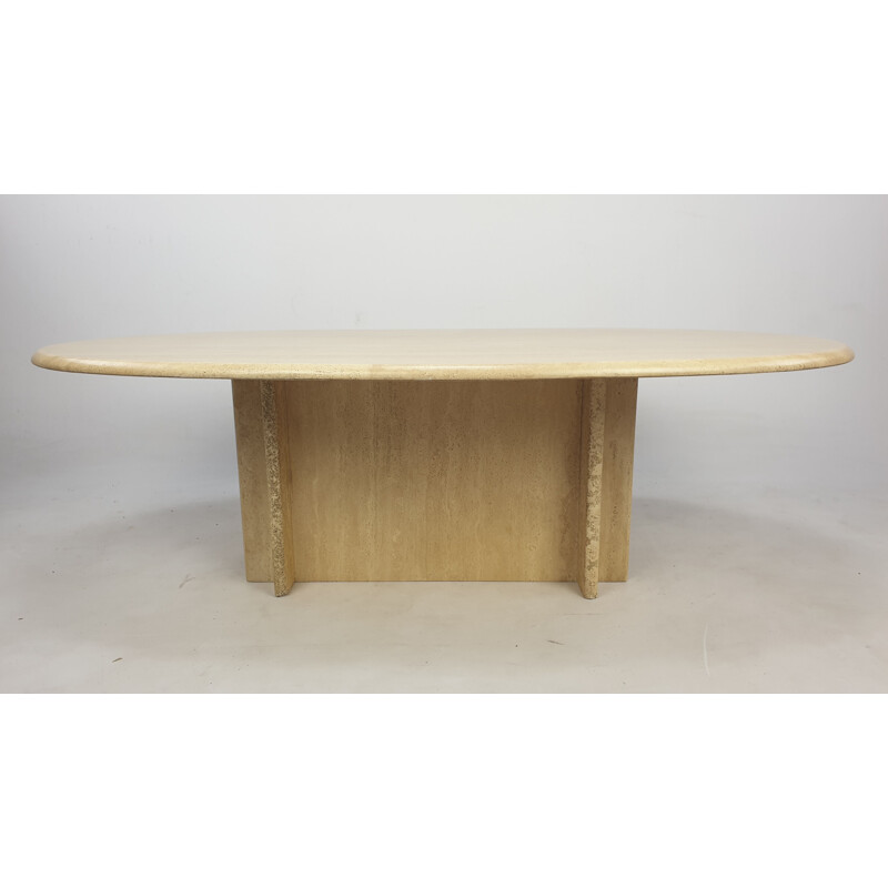 Mid-Century Oval Travertine Coffee Table, Italy 1980s