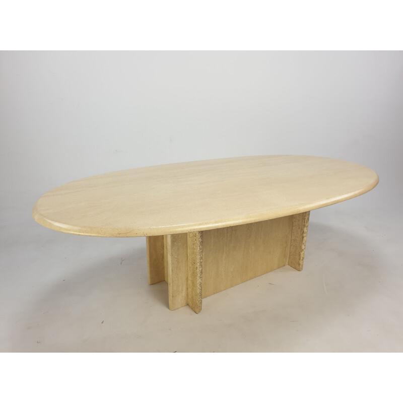 Mid-Century Oval Travertine Coffee Table, Italy 1980s