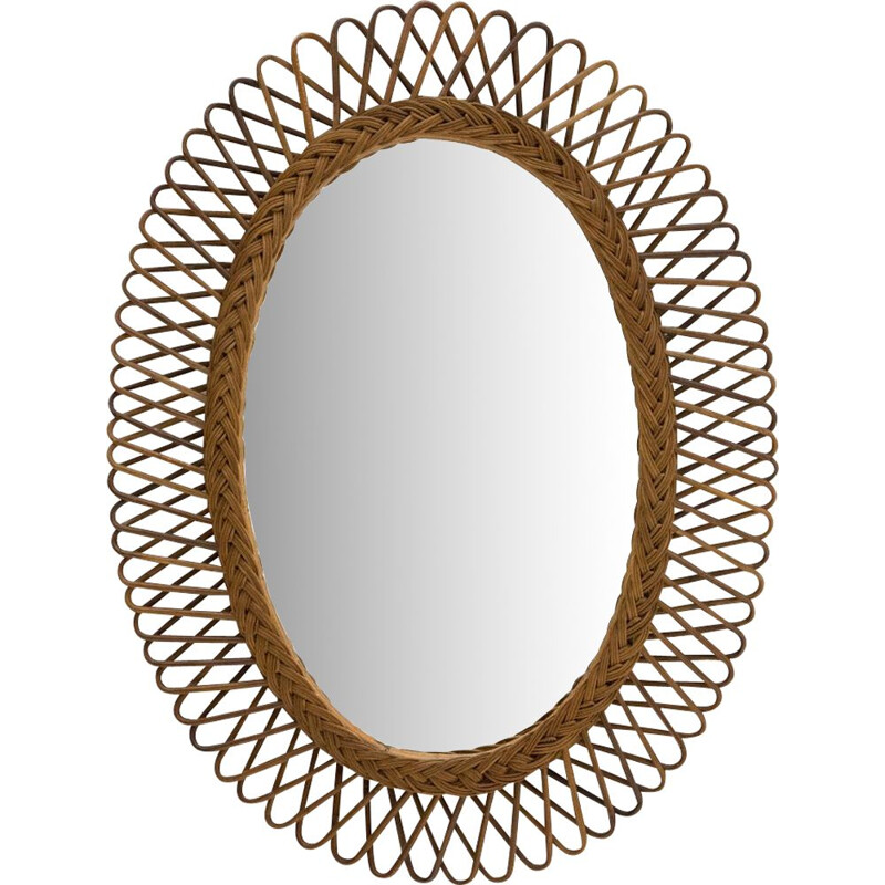 Vintage Oval mirror with woven rattan frame 1950s