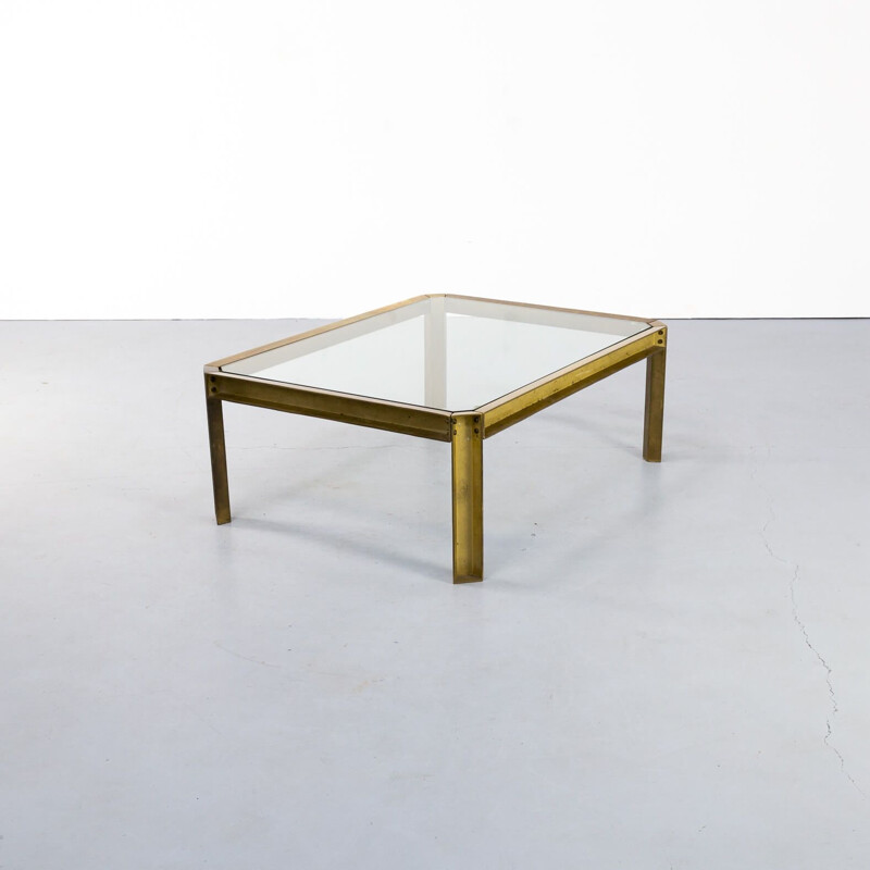 Vintage Peter Ghyczy "T09 embassy" brutalist brass and glass coffee table 1970s