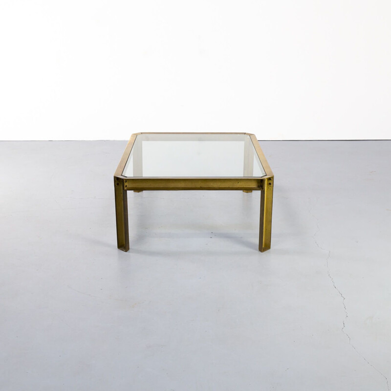 Vintage Peter Ghyczy "T09 embassy" brutalist brass and glass coffee table 1970s