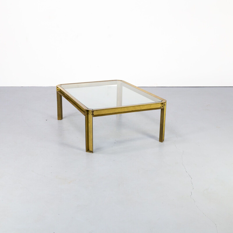 Vintage Peter Ghyczy "T09 embassy" brutalist brass and glass coffee table 1970s