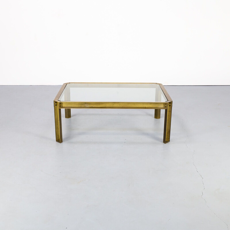 Vintage Peter Ghyczy "T09 embassy" brutalist brass and glass coffee table 1970s