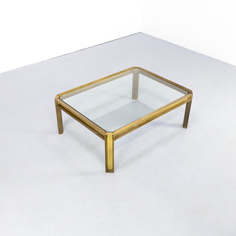 Vintage Peter Ghyczy "T09 embassy" brutalist brass and glass coffee table 1970s