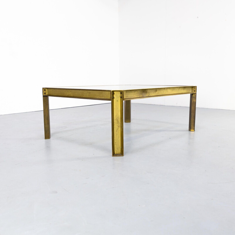 Vintage Peter Ghyczy "T09 embassy" brutalist brass and glass coffee table 1970s