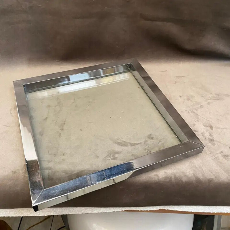 Vintage Modernist Silver Plated and Glass Square Tray by Romeo Rega 1970s