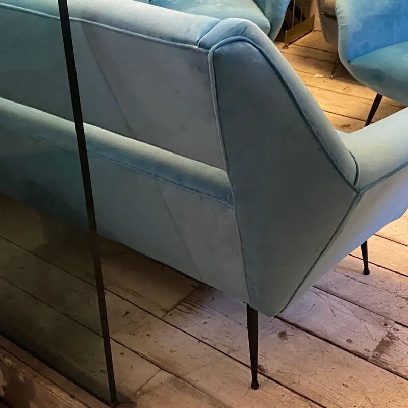 Canapé vintage moderne en velours bleu et métal 1960