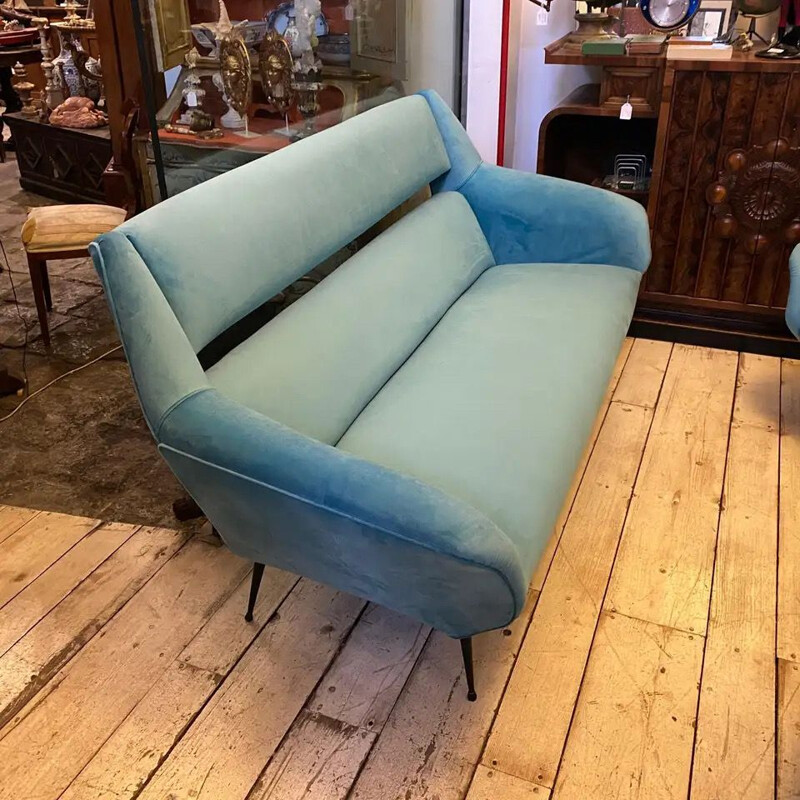 Vintage Modern Blue Velvet and Metal Sofa 1960s