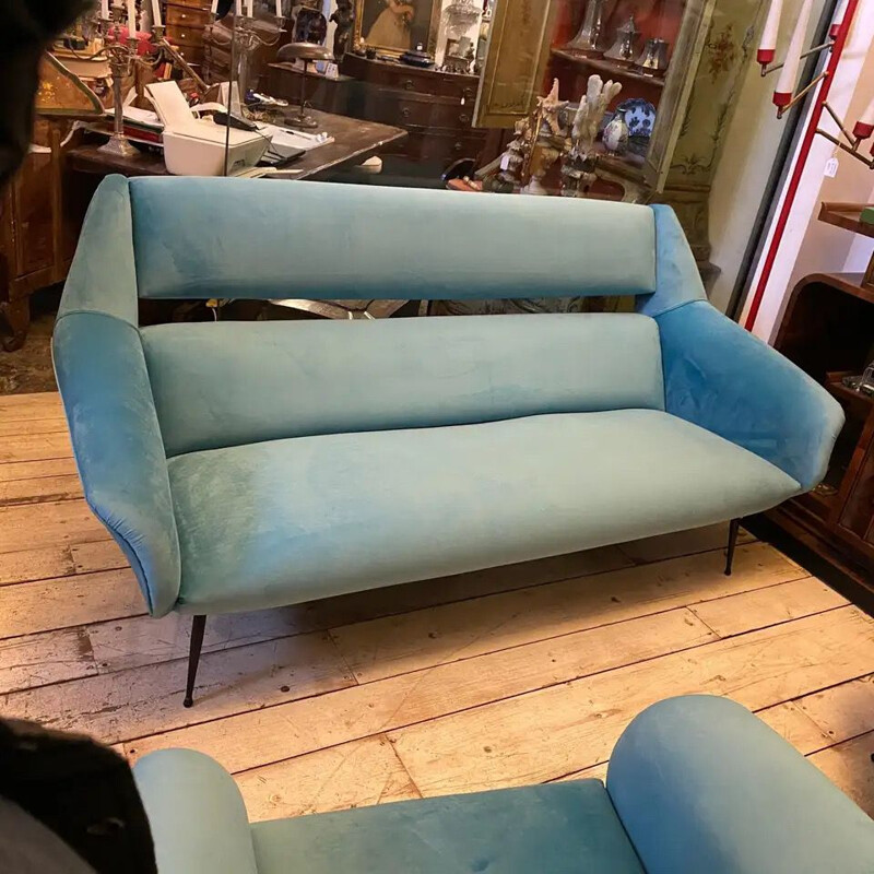 Canapé vintage moderne en velours bleu et métal 1960