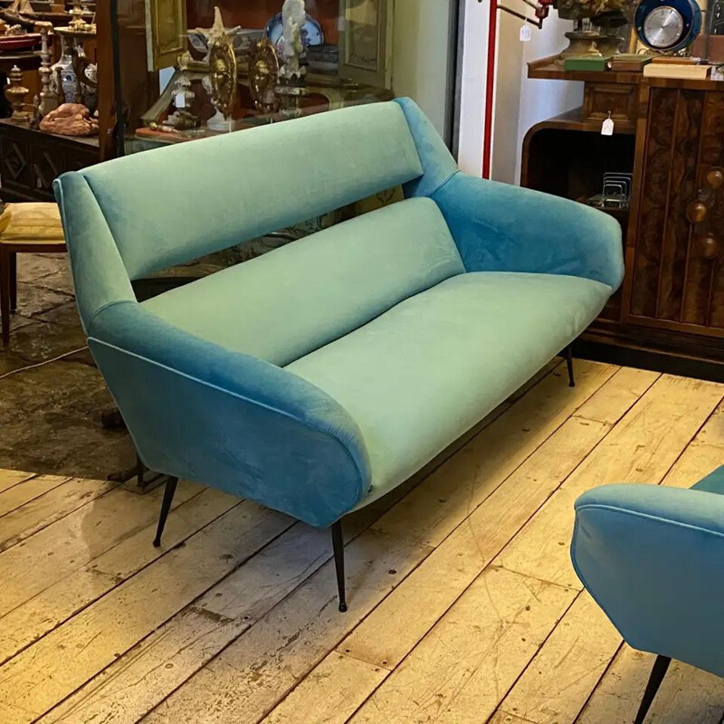 Vintage Modern Blue Velvet and Metal Sofa 1960s