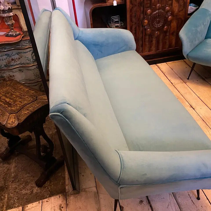 Vintage Modern Blue Velvet and Metal Sofa 1960s