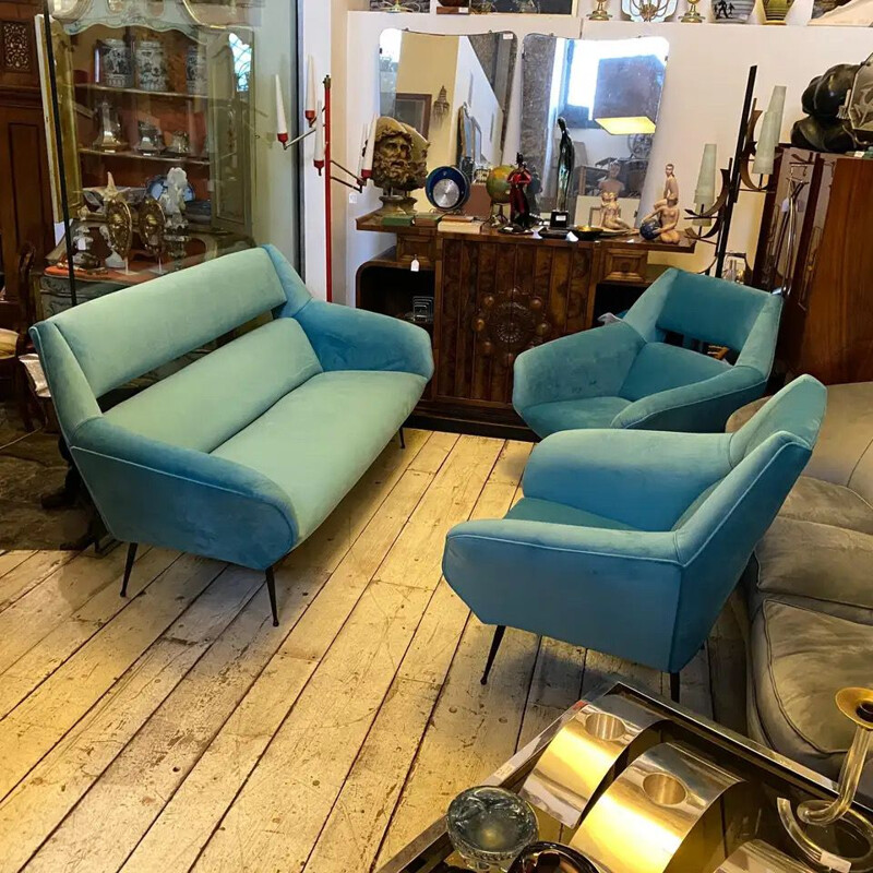 Vintage Modern Blue Velvet and Metal Sofa 1960s