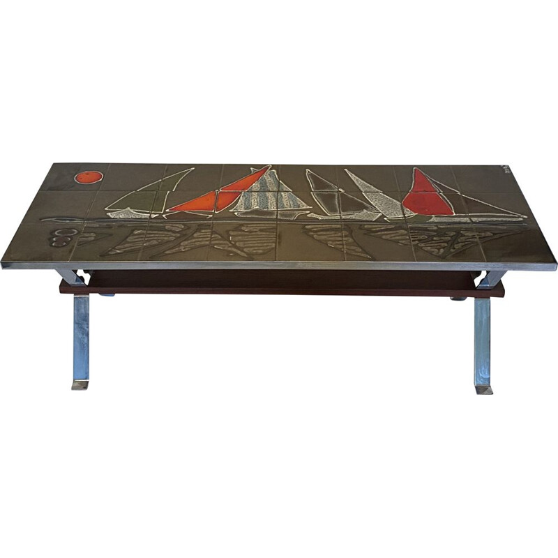 Mesa de centro vintage con azulejos decorados por "Adri", Bélgica