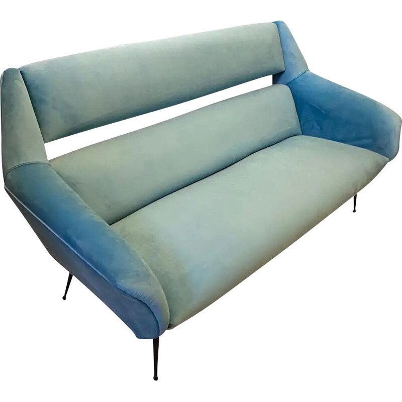 Vintage Modern Blue Velvet and Metal Sofa 1960s
