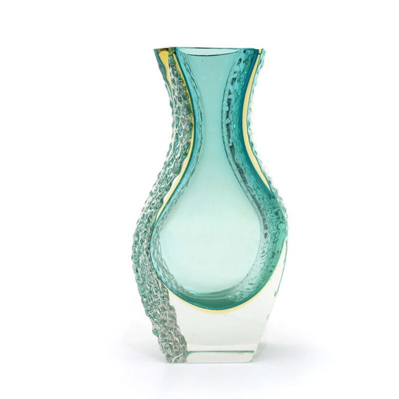 Vase vintage en verre de Murano vert et jaune par Mandruzzato 1960