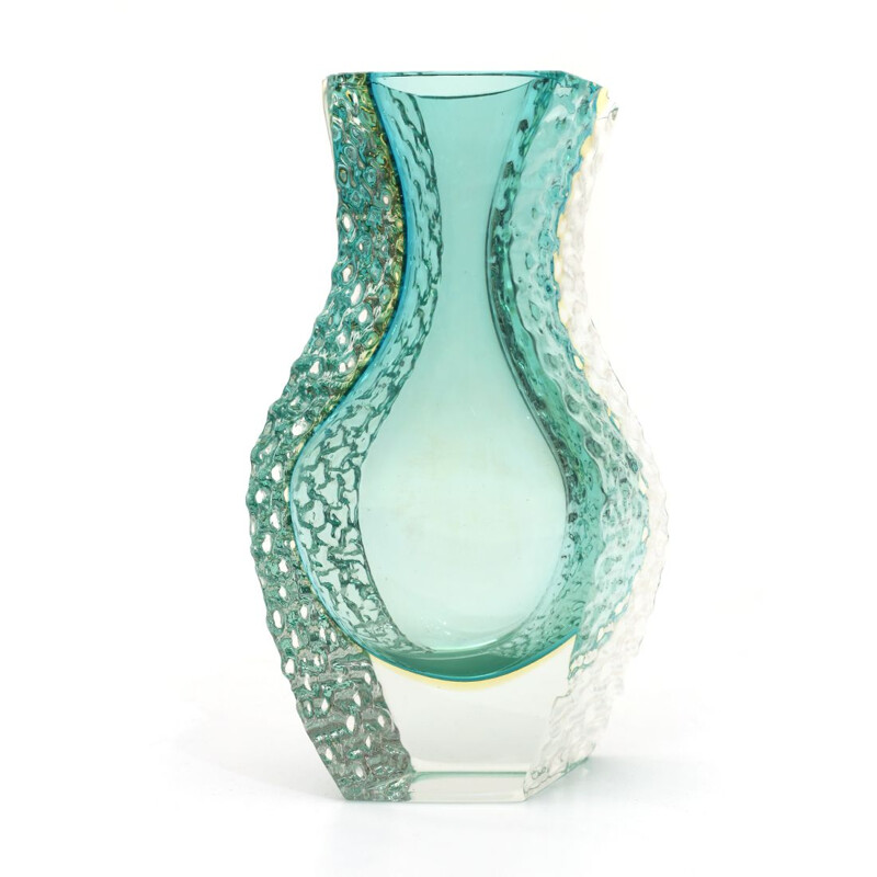 Vase vintage en verre de Murano vert et jaune par Mandruzzato 1960