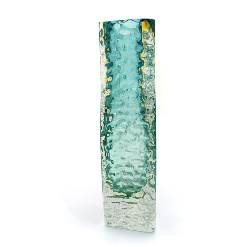 Vase vintage en verre de Murano vert et jaune par Mandruzzato 1960